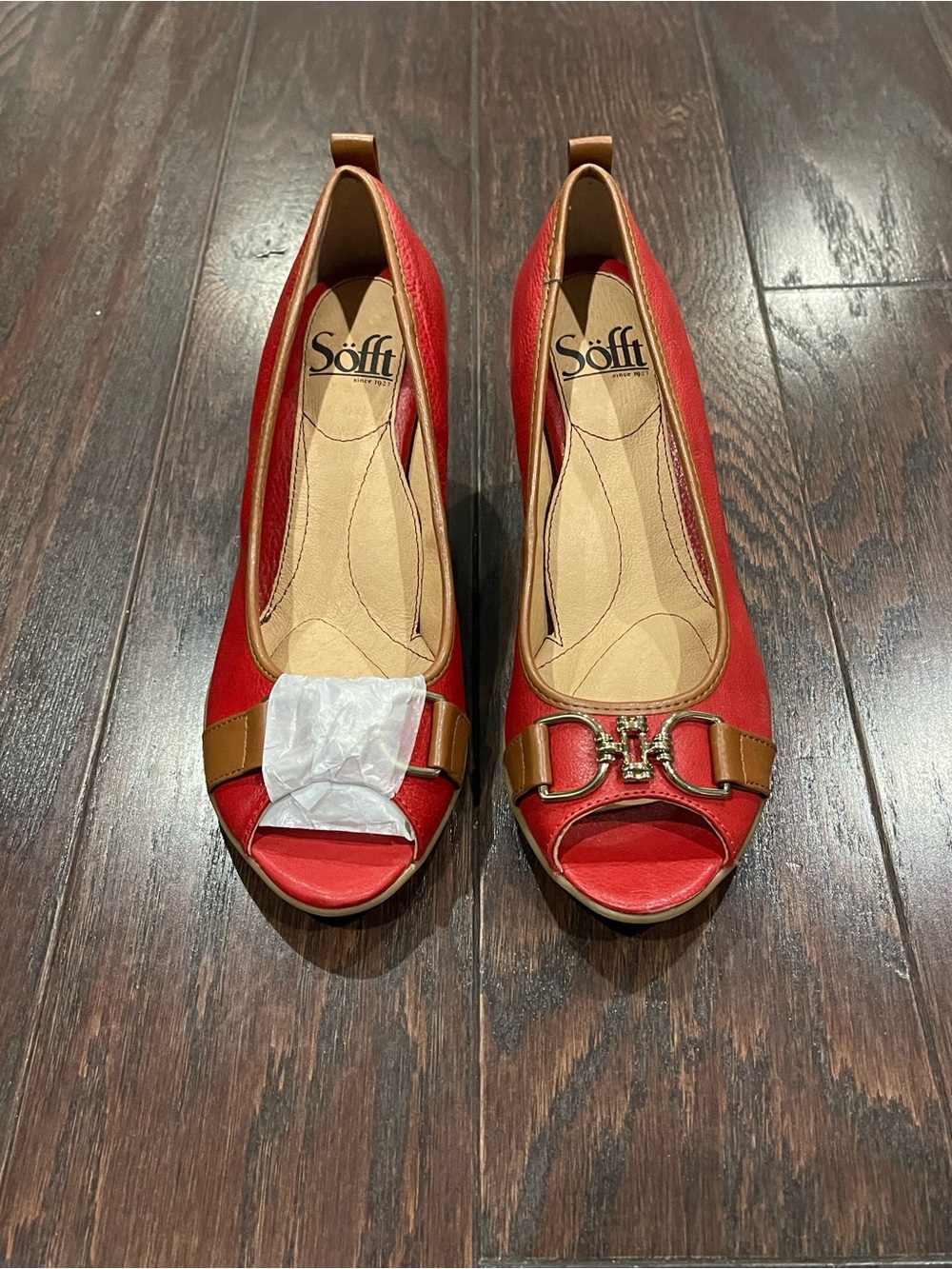 Sofft Red Leather Peep-toe Wedge Heels Size 6.5 M NEW